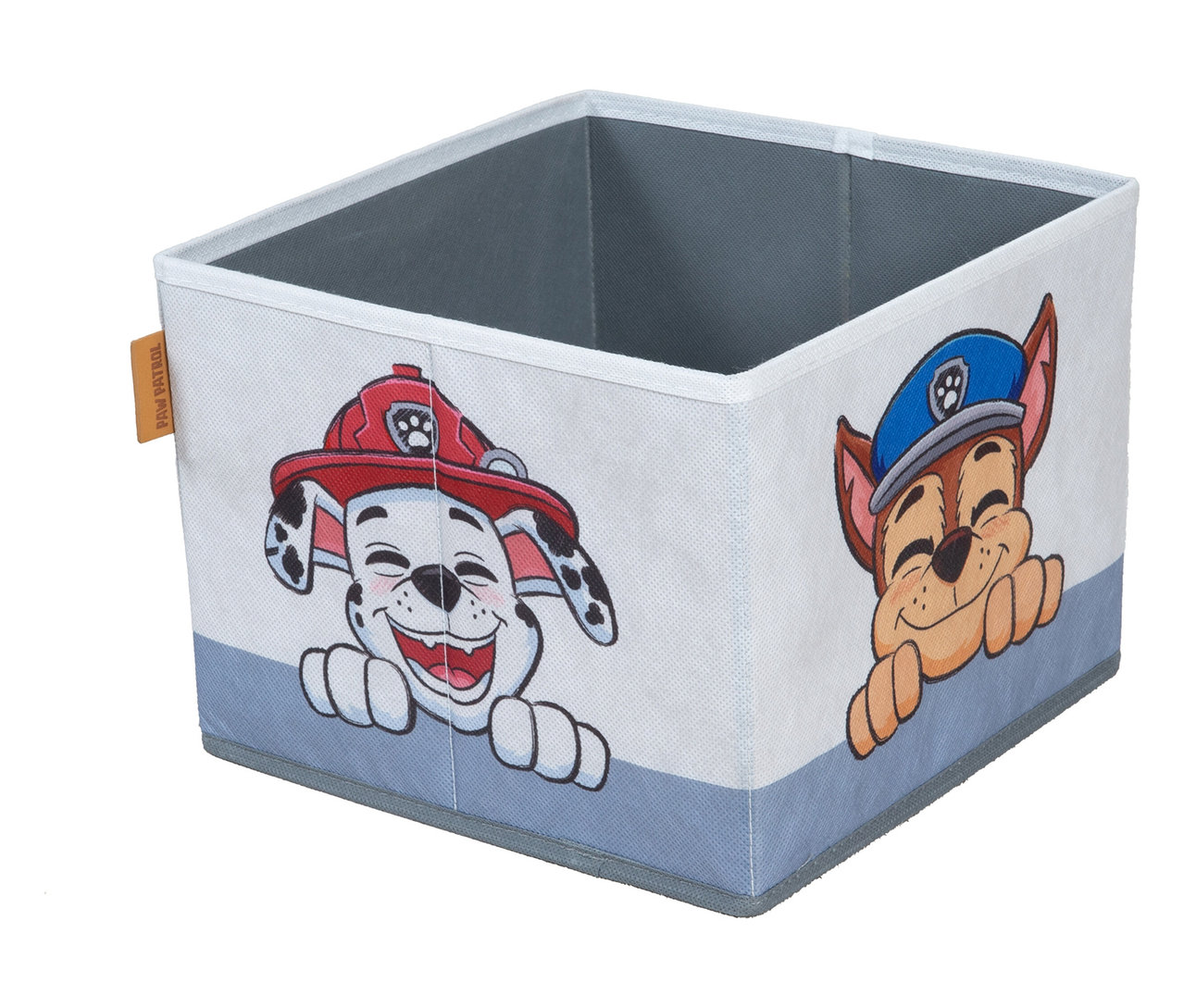 Weißer, quadratischer Aufbewahrungskorb mit Paw Patrol-Motiven.