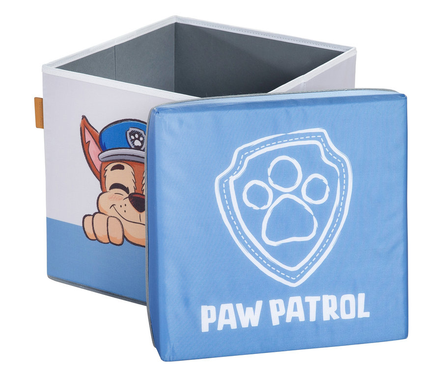 Offener, hellgrauer Paw Patrol Spielzeug-Aufbewahrungswürfel mit Chase-Motiv und blauem Deckel mit Paw-Patrol-Logo.