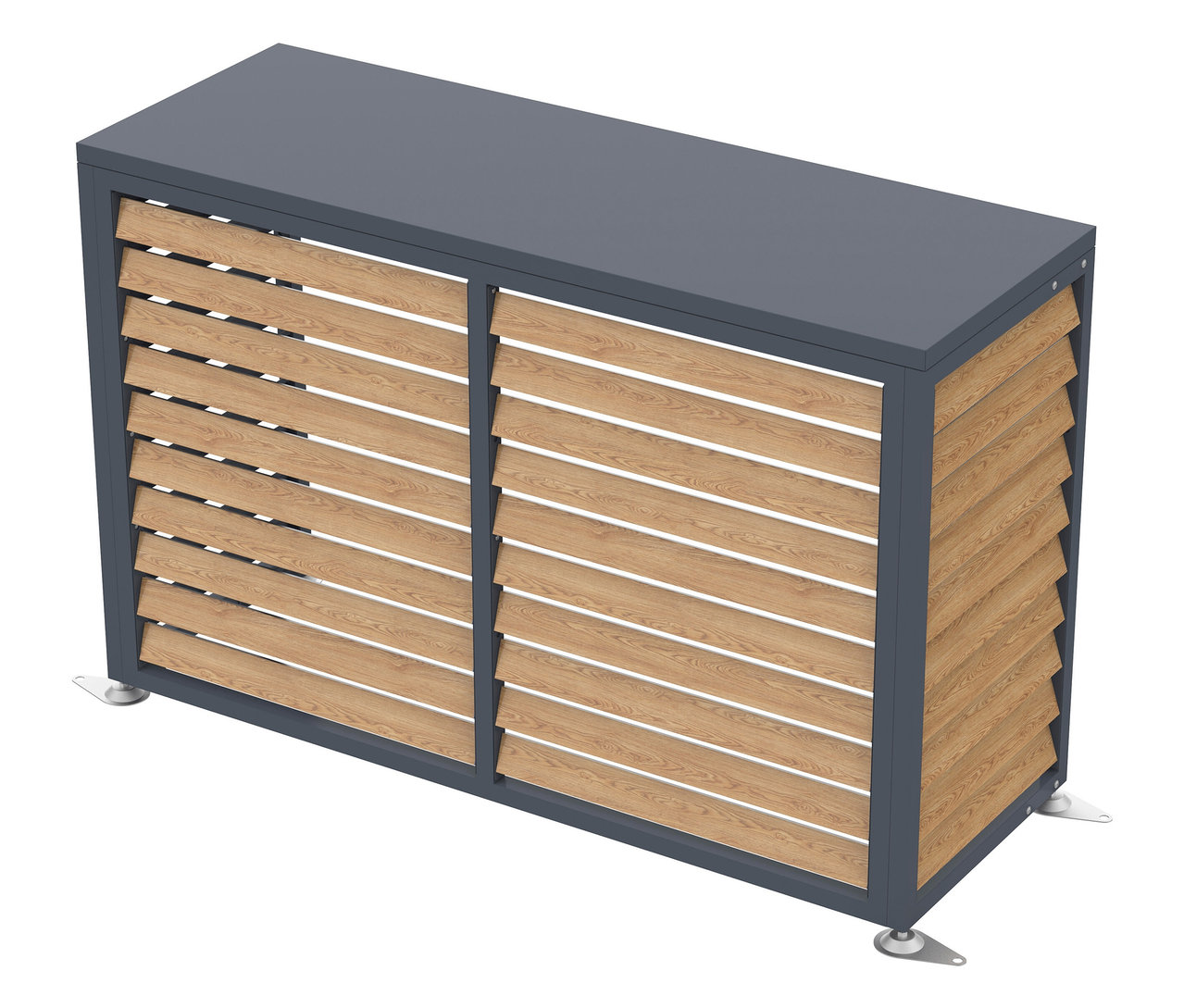 Grauer Kasten mit Holzjalousie-Verkleidung.