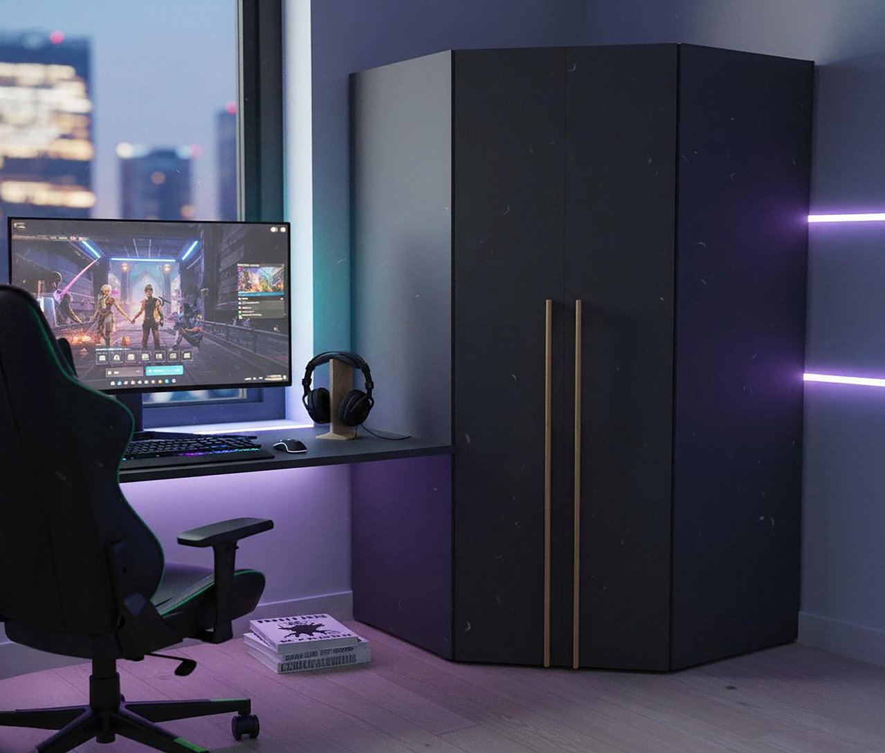 Ein schwarzer Roba Eckschrank »Marvin« steht neben einem Schreibtisch mit Computer, Tastatur, Maus und Kopfhörern.