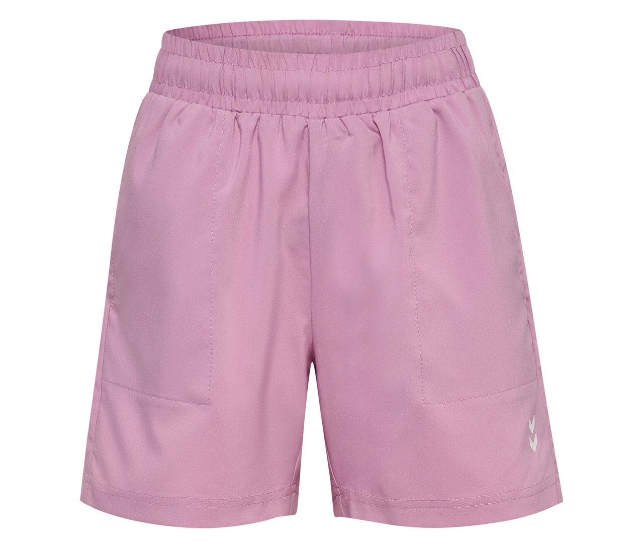 Nahaufnahme der HUMMEL HMLJR Pulse Workout Shorts in Lavendel mit Gummibund und kleinem, weißen Logo.