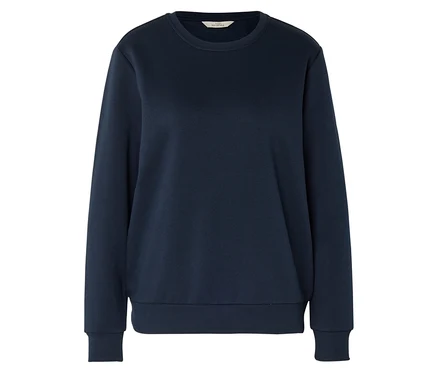 Dunkelblaues Sweatshirt mit Rundhalsausschnitt, langen Ärmeln und gerippten Bündchen.