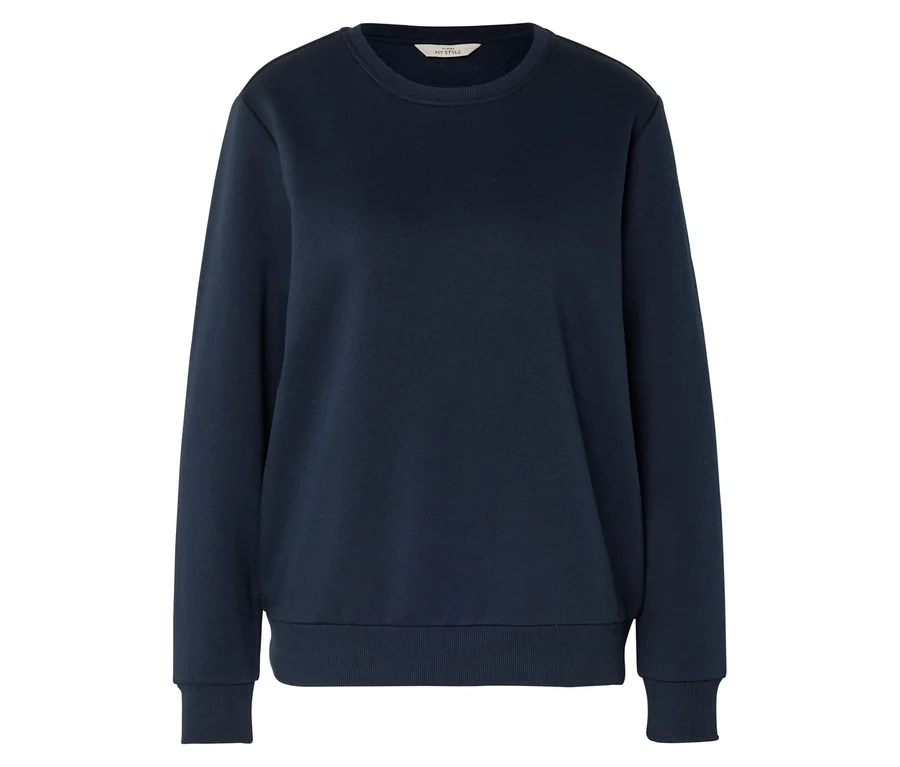 Dunkelblaues Sweatshirt mit Rundhalsausschnitt, langen Ärmeln und gerippten Bündchen.
