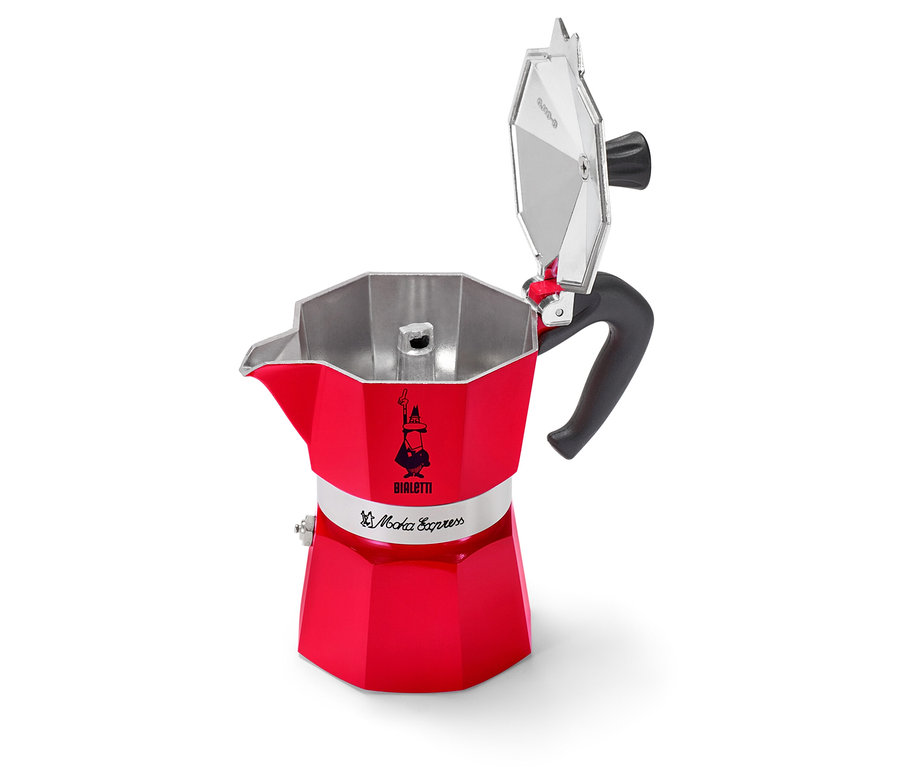 Geöffneter, roter Espressokocher von Bialetti steht auf einem weißen Hintergrund.