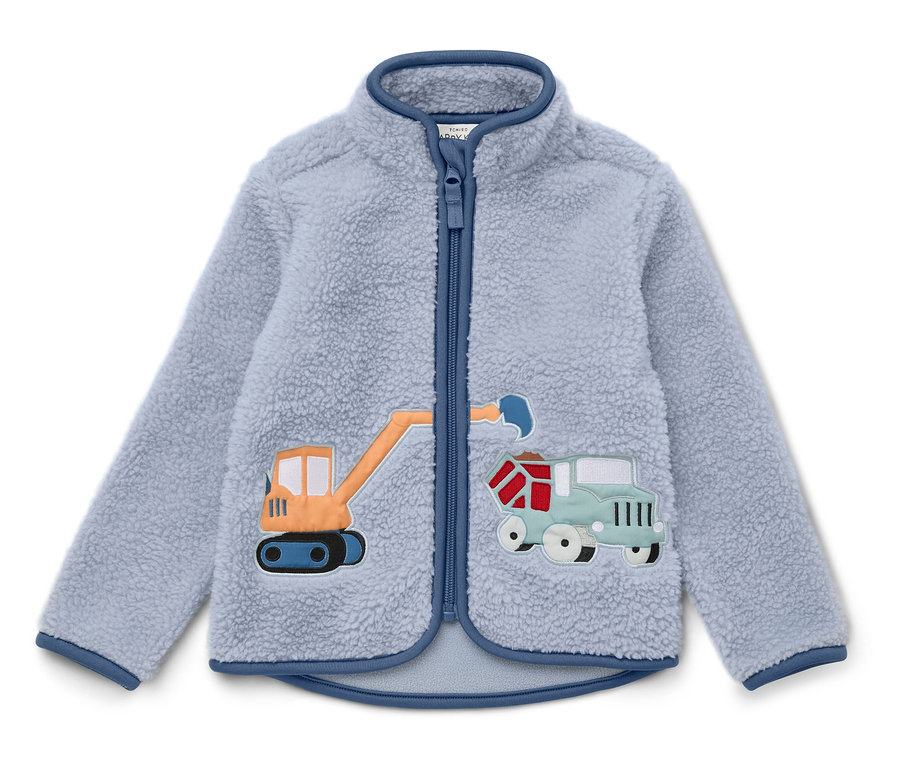 Hellblaue Fleecejacke mit Reißverschluss und Bagger- und LKW-Applikationen.