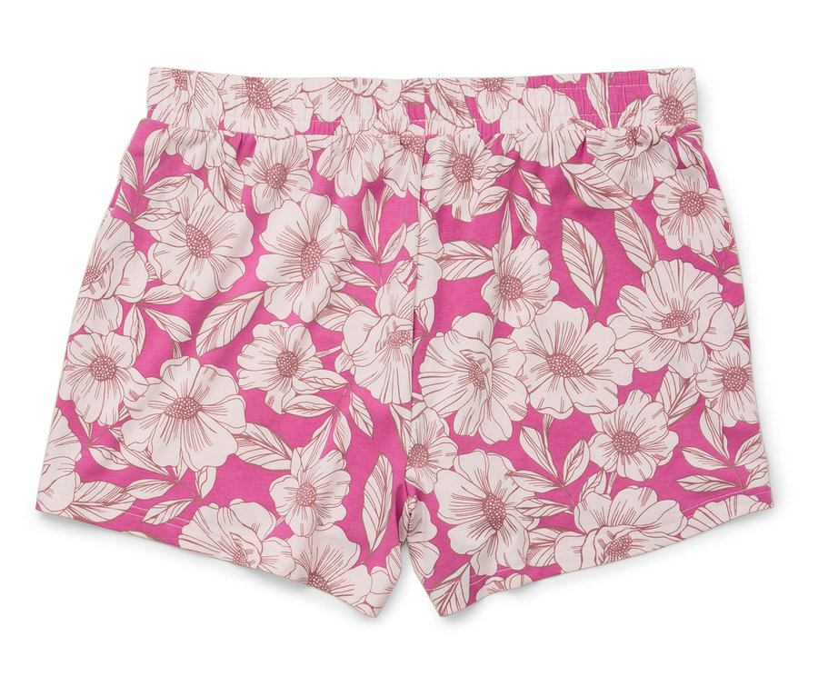 Nahaufnahme von rosafarbenen Shorts mit Blumenmuster.