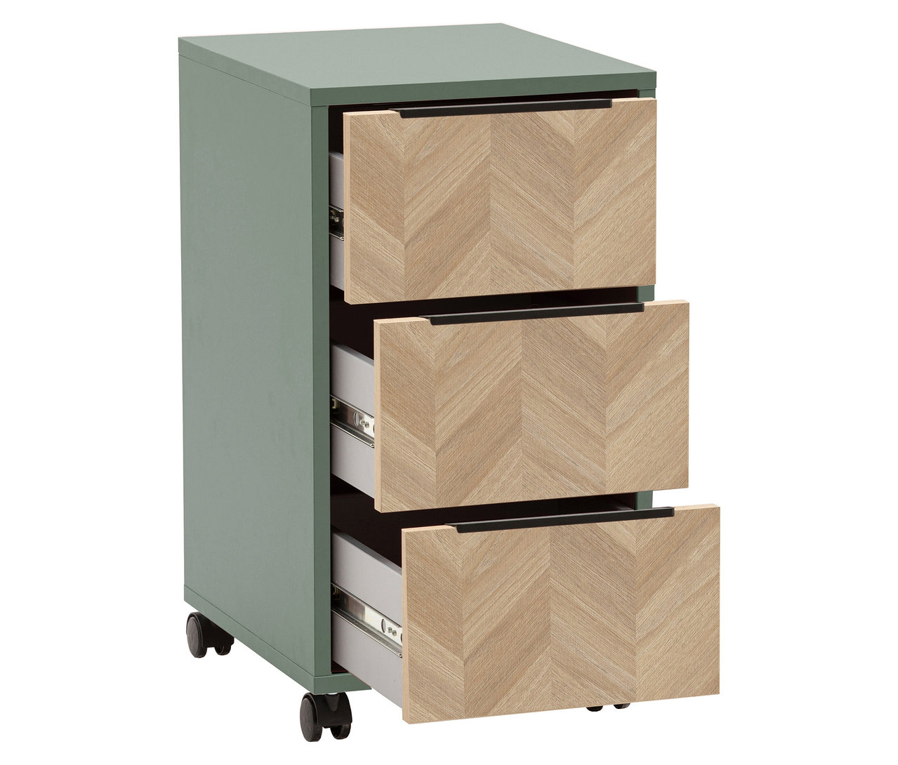 Grüner Rollcontainer mit drei Schubladen, von denen zwei geöffnet sind.