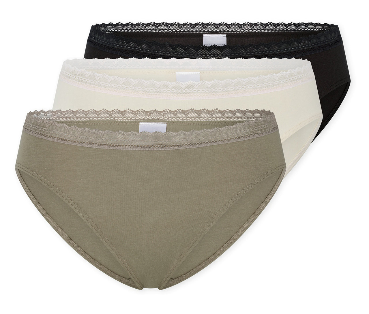 Drei SCHIESSER Rio-Slips in Olivgrün, Creme und Schwarz, jeweils mit Spitzenbesatz am Bund.