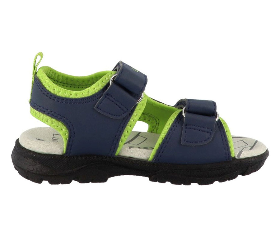 Dunkelblaue LURCHI Jungen-Sandalen »Keeper« mit leuchtend grünen Akzenten und Klettverschlüssen, von der Seite gezeigt.