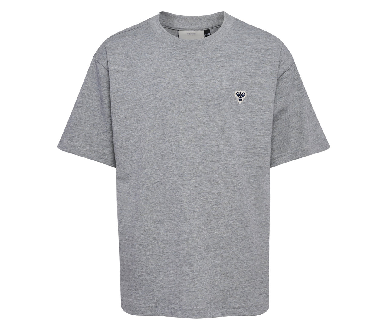 Graues, kurzärmeliges hummel® HMLJR Loose T-Shirt mit kleinem Logo auf der Brust.