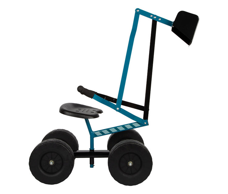 small foot Bagger mit Rädern: Ein blau-schwarzer Spielzeugbagger mit vier großen Rädern, einem Sitz und einer Schaufel.