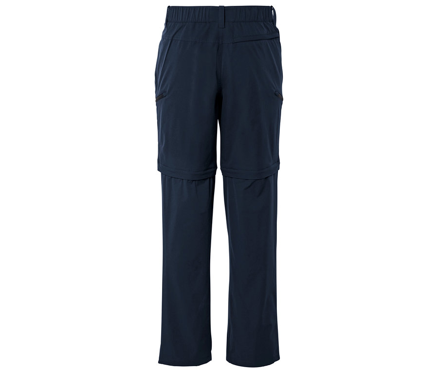 Dunkelblaue, lange Hose mit Reißverschluss unterhalb des Knies, von hinten fotografiert.