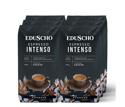 Sechs Packungen Eduscho Espresso Intenso - 6x 1 kg Ganze Bohne. Die Packungen sind schwarz mit der Aufschrift "Eduscho Espresso Intenso" und einem Bild einer Espressotasse.
