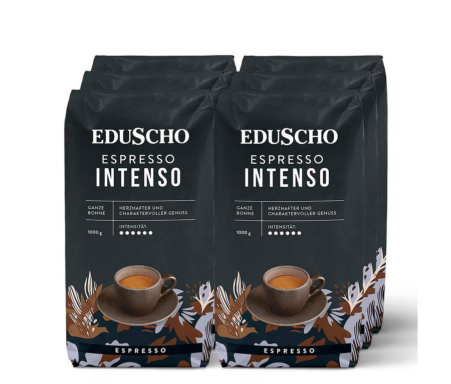 Sechs Packungen Eduscho Espresso Intenso - 6x 1 kg Ganze Bohne. Die Packungen sind schwarz mit der Aufschrift "Eduscho Espresso Intenso" und einem Bild einer Espressotasse.