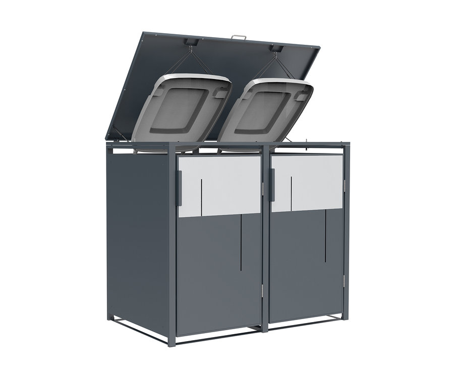 Grauer Mülltonnencontainer mit geöffnetem Deckel.