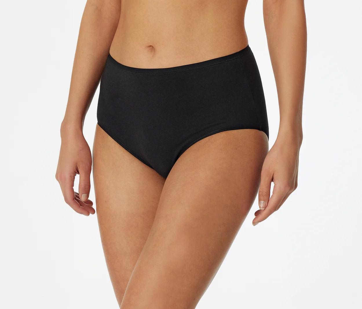 Eine Person trägt einen schwarzen High-Waist-Slip.