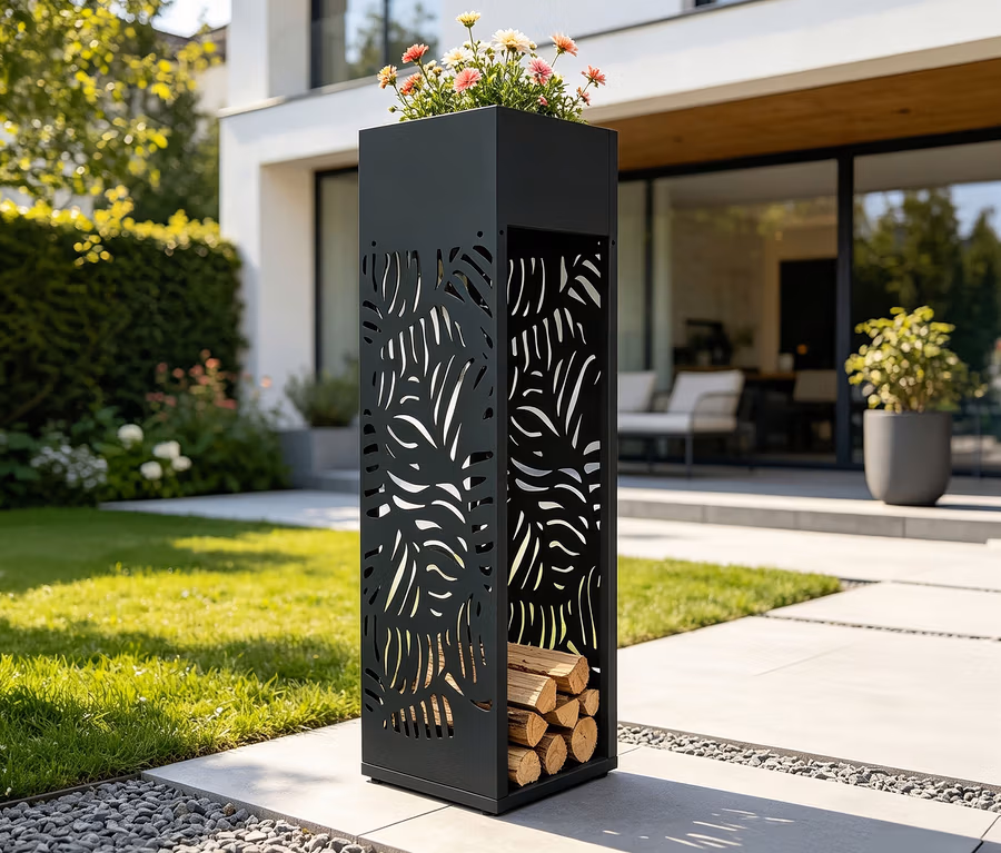 Schwarzes, rechteckiges Outdoor-Pflanzgefäß mit Blattausschnitten, oben rosa-weiße Blumen, unten Brennholz, auf einer Terrasse neben Rasen.