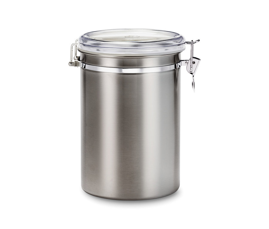Eine Aromadose 1 kg, Edelstahl steht vor einem weißen Hintergrund.