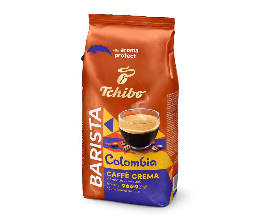 Aufrechter, braun-blauer Beutel BARISTA Origins Colombia - 1 kg Ganze Bohne mit Tasse Kaffee und Kaffeebohnen.