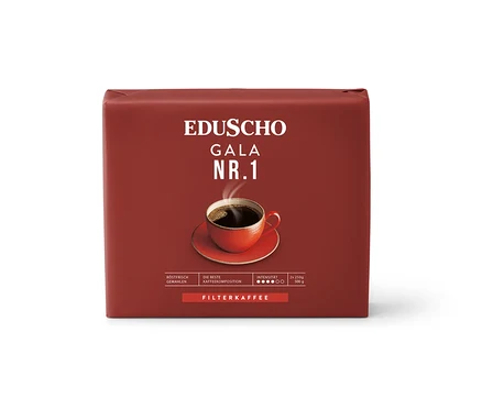 Packung Eduscho Gala Nr. 1 gemahlener Kaffee mit einer Tasse Kaffee darauf.