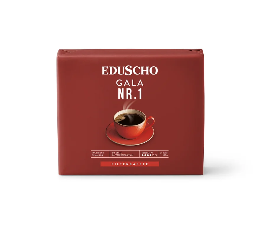 Packung Eduscho Gala Nr. 1 gemahlener Kaffee mit einer Tasse Kaffee darauf.