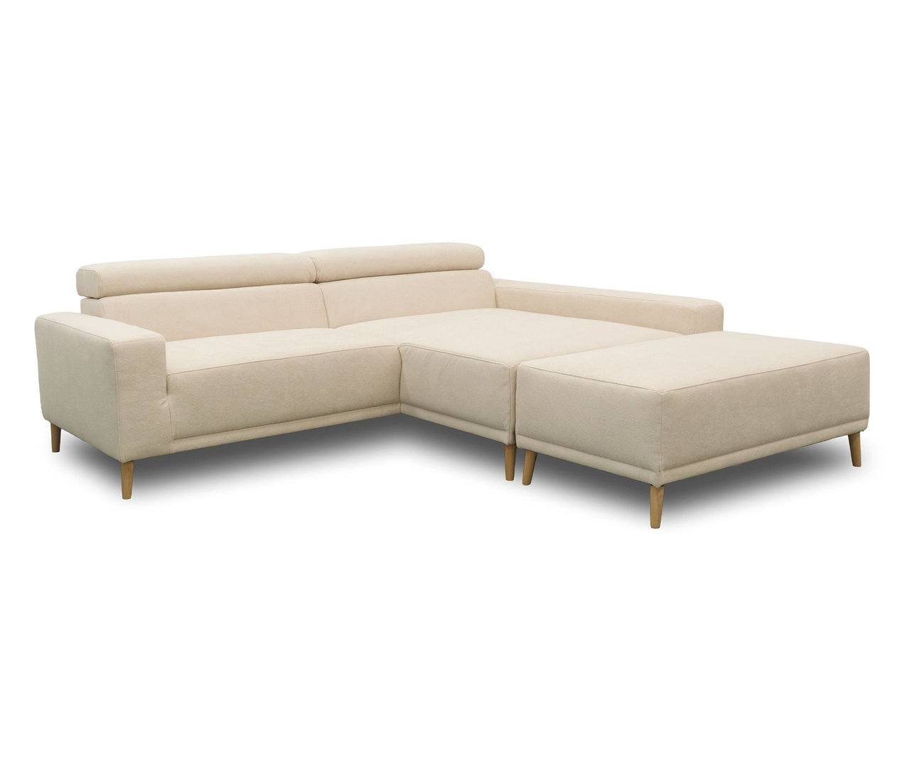 DOMO Eck-Schlafsofa »Malmö« in Creme mit Longchair rechts und Hocker, auf holzfarbenen Füßen.