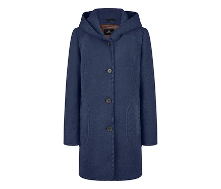 Blauer Barbara Lebek Wollmantel mit Kapuze, Knopfleiste und Taschen.