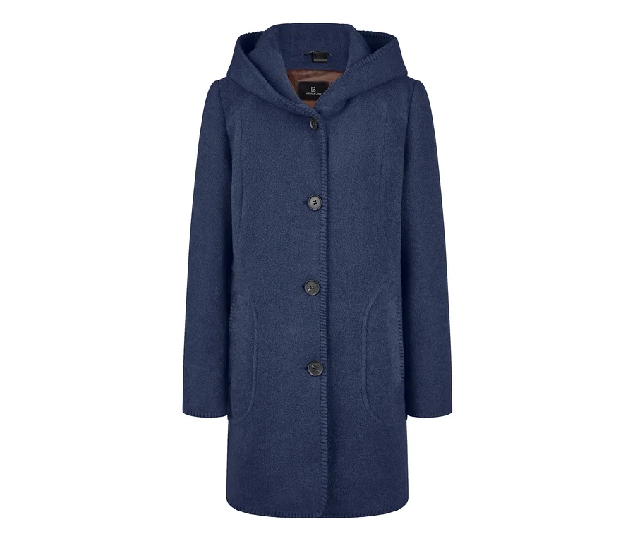 Blauer Barbara Lebek Wollmantel mit Kapuze, Knopfleiste und Taschen.