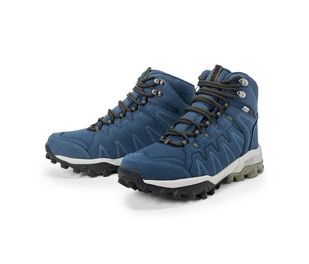Zwei blaue Wanderschuhe mit grauen Schnürsenkeln und schwarzer Sohle.