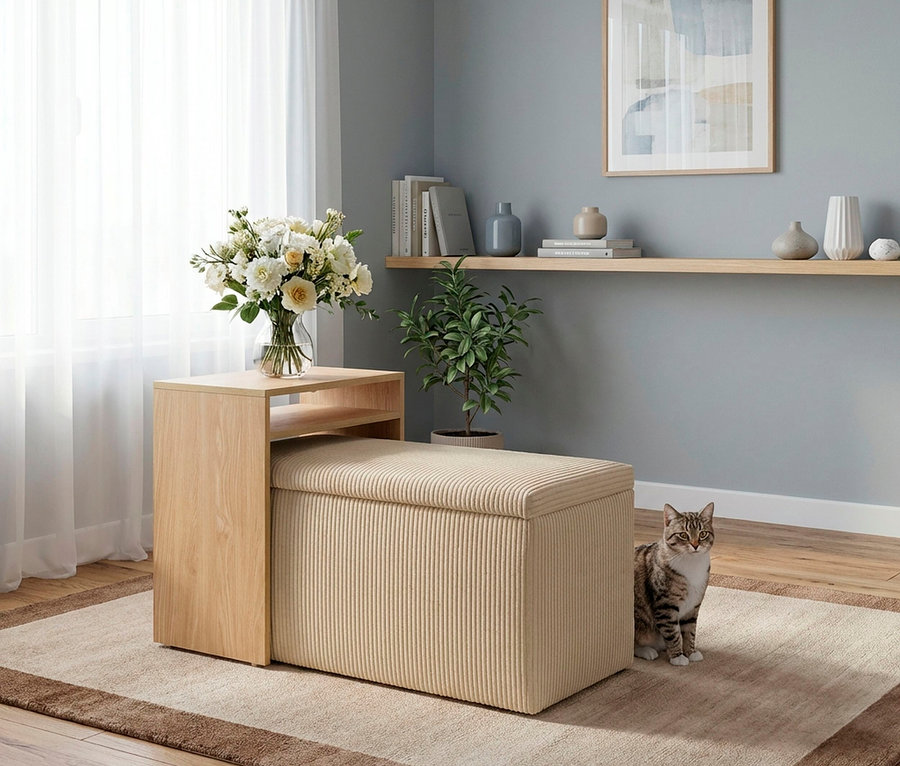 Ein gemütlicher Raum mit hellblauen Wänden, einem beigen, gerippten Hocker mit Stauraum und einem hellen Holztisch. Auf dem Tisch steht eine Vase mit weißen und gelben Blumen. Eine getigerte Katze sitzt auf einem beigen Teppich neben dem Hocker. Eine Holzablage mit Büchern und Vasen hängt an der Wand, darüber ein gerahmtes abstraktes Bild.