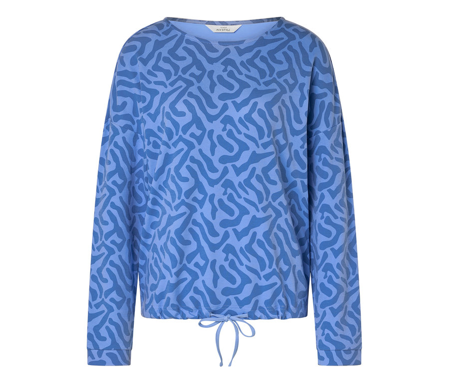 Blaues Langarmshirt mit abstraktem Muster und Tunnelzug am Saum.