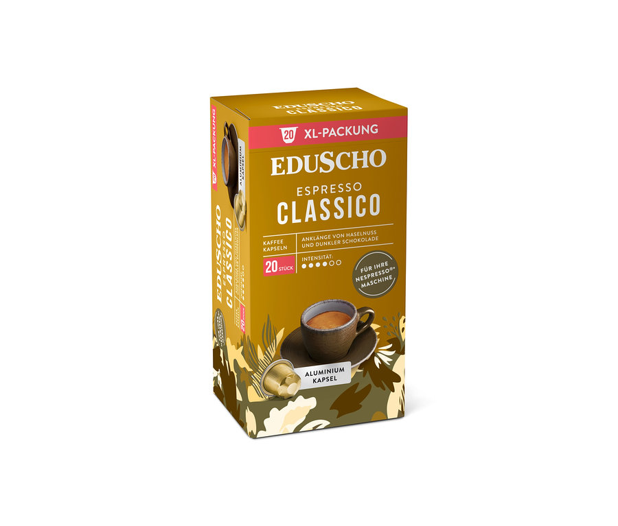 Eine Packung Eduscho Espresso Classico Kaffeekapseln mit einer Tasse Kaffee und einer Kapsel im Vordergrund.