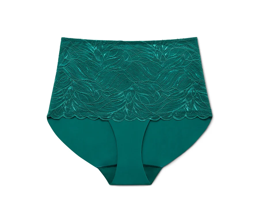 Grüne Damenunterhose mit Spitzenoberteil, isoliert auf weißem Hintergrund.