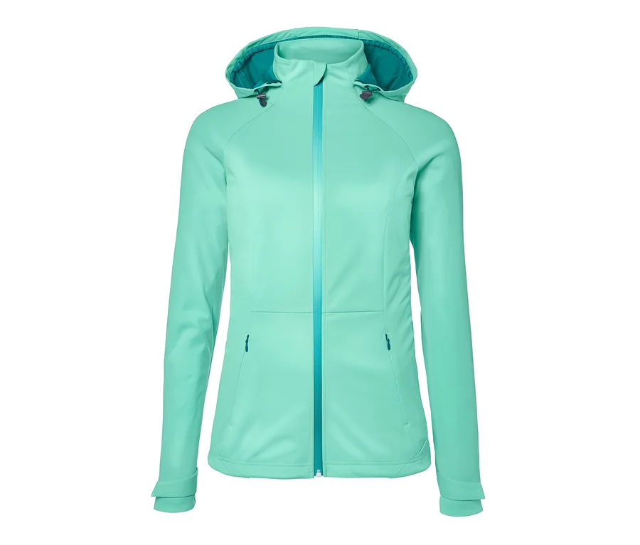 Eine hellgrüne Lightweight-Softshelljacke mit Kapuze und blauem Reissverschluss.