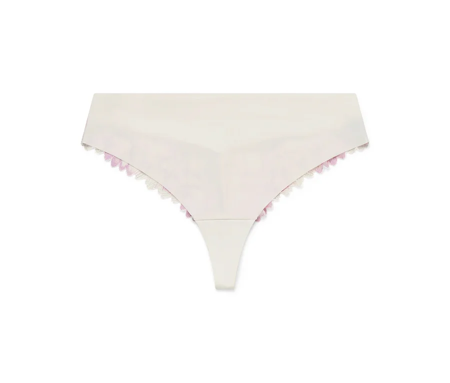 Weißer Tanga mit lila Details und weißer Spitze.
