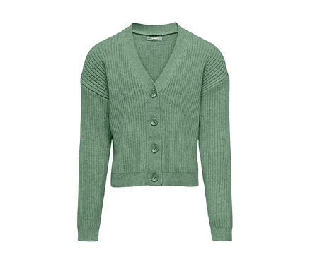 Grüner gerippter ONLY GIRLS Mandy Cardigan mit V-Ausschnitt und vier Knöpfen.