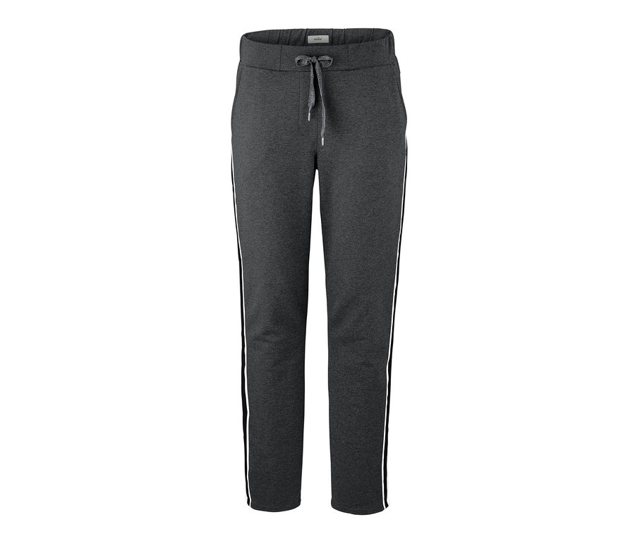 Graue Joggpants mit Kordelzug und weißem Seitenstreifen.