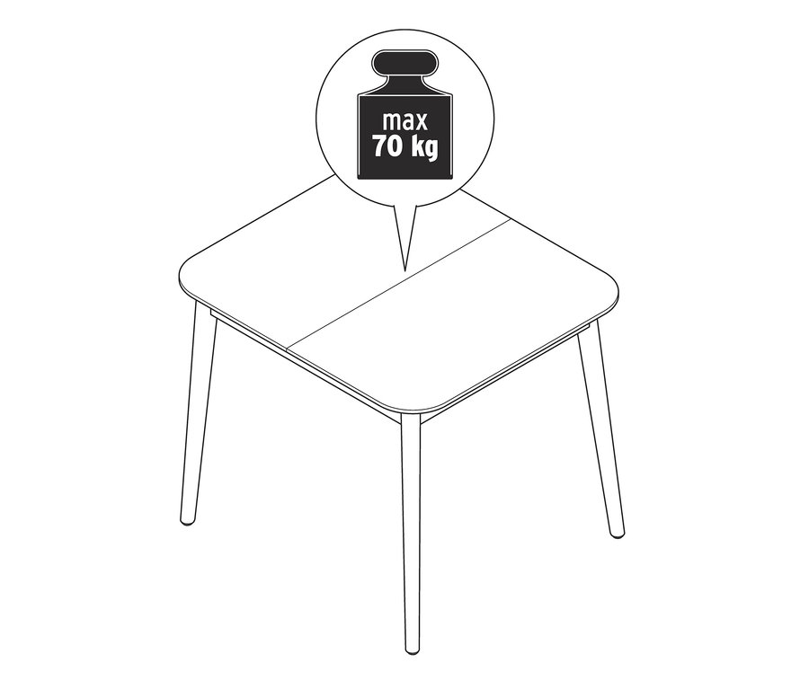 Illustration von einem ausziehbaren Küchentisch, ca. 90–120 x 80 cm, mit einem Maximalgewicht von 70 kg.