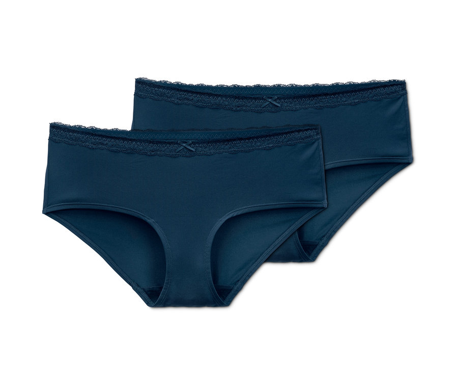 Zwei blaue Pantys mit Spitze.