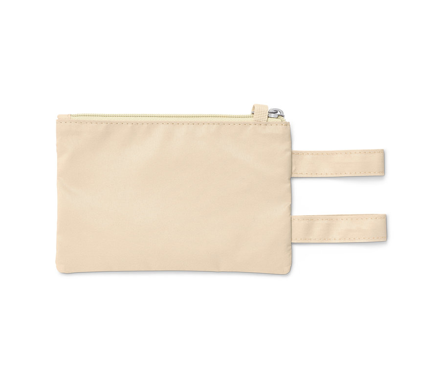 Eine beige Gürteltasche mit Reißverschluss.