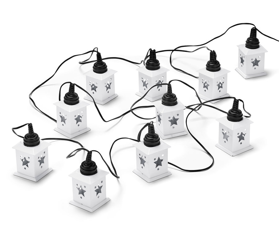 LED-Lichterkette mit Projektion mit zehn weißen Laternen in Hausform mit Sternen.