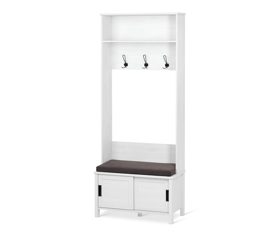 Weiße Garderobe mit Sitzbank und braunem Sitzkissen.