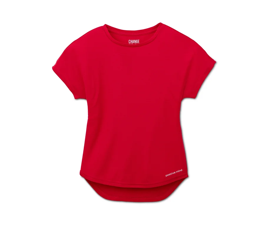 Ein rotes Mädchen-Funktionsshirt mit kurzen Ärmeln und dem Schriftzug "positive mind" unten rechts.