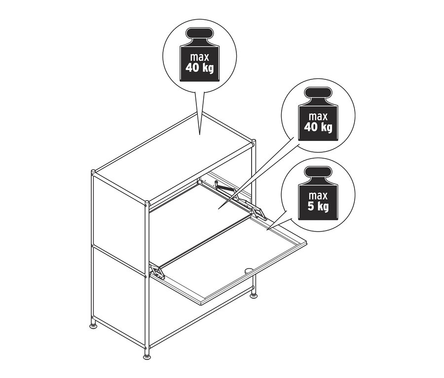 Draufsicht eines Sideboards Metall »CN3« mit Klappenfächern. Die maximale Belastung der Oberseite beträgt 40 kg, die maximale Belastung der Klappenfächer beträgt 5 kg.