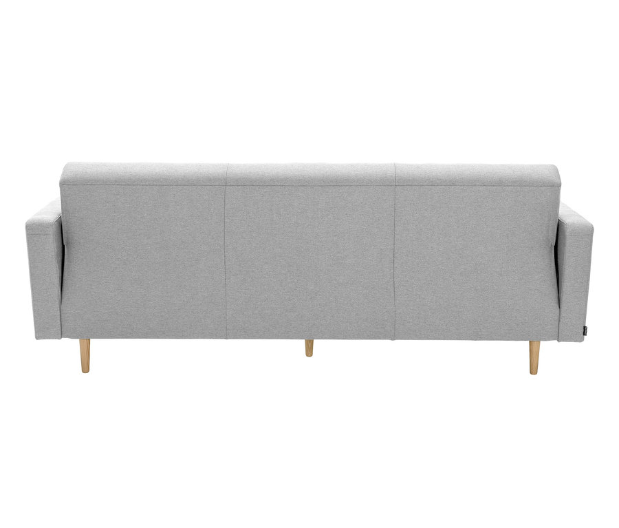 Rückansicht des hellgrauen 3-Sitzer-Schlafsofas "Janny" mit hellen Holzfüßen.