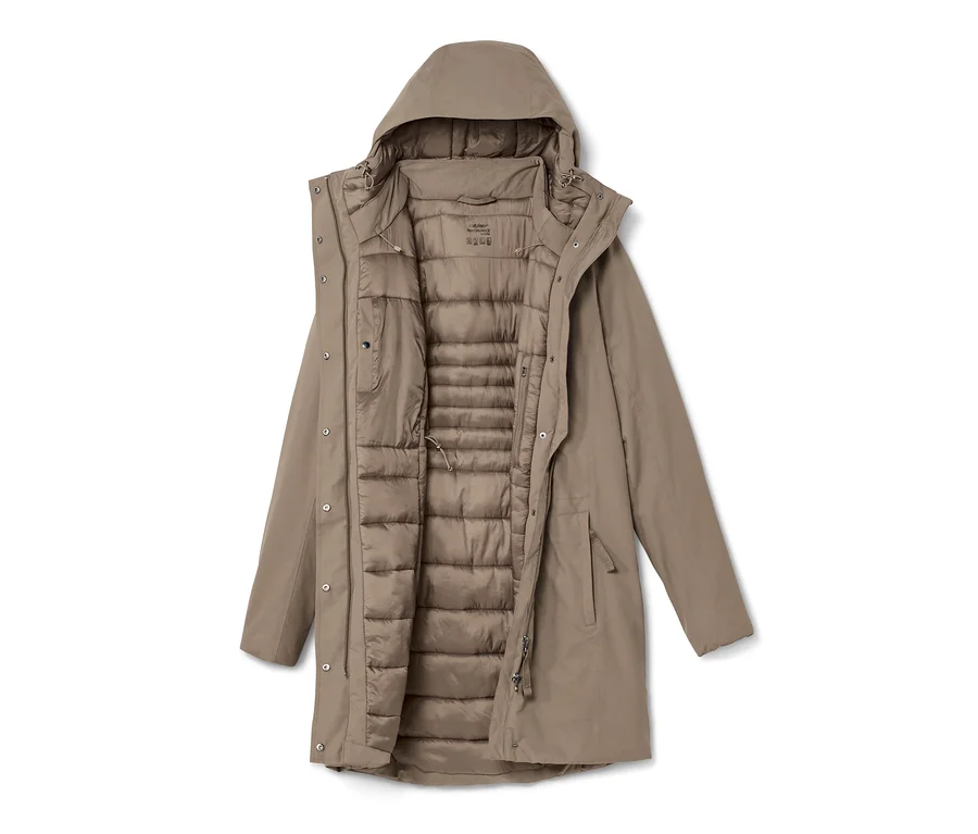 Offener, beige Da. Thermo-Mantel mit Kapuze und Innenfutter.