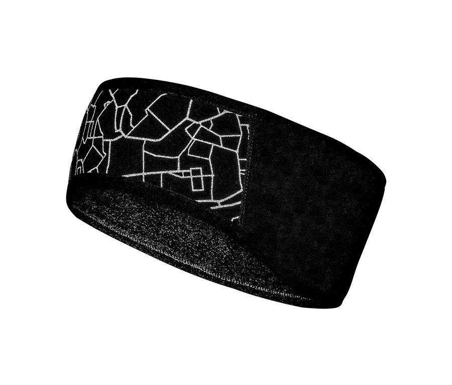 Schwarzes Windprotection-Stirnband mit weißem geometrischen Muster.