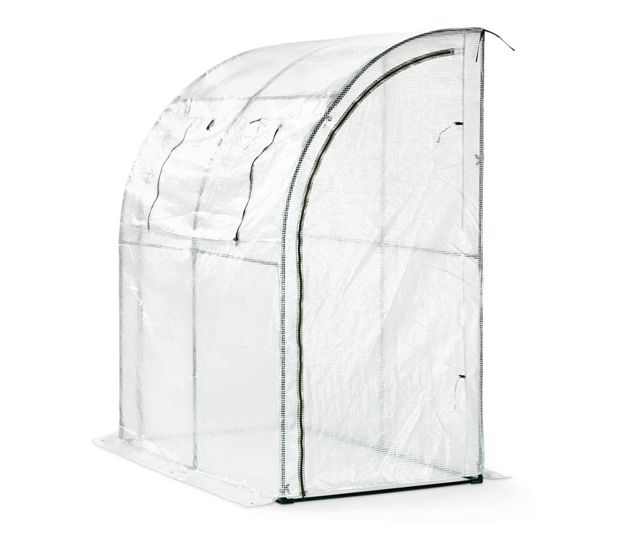 Ein transparentes Anlehn-Pflanzenschutz-Zelt mit Reißverschluss.