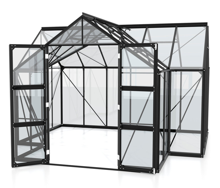 Schwarzes Vitavia Gewächshaus, 13 m², mit offenen Türen.