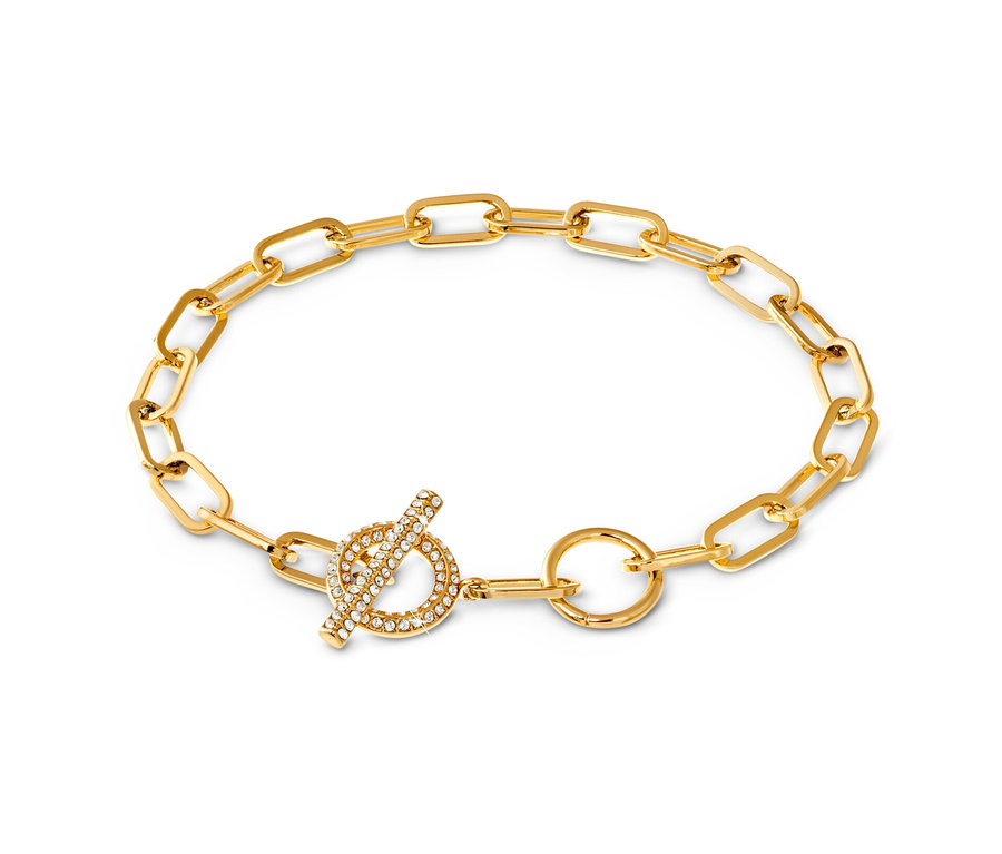 Goldenes Armband Toggle mit Kristallbesatz auf weißem Hintergrund.